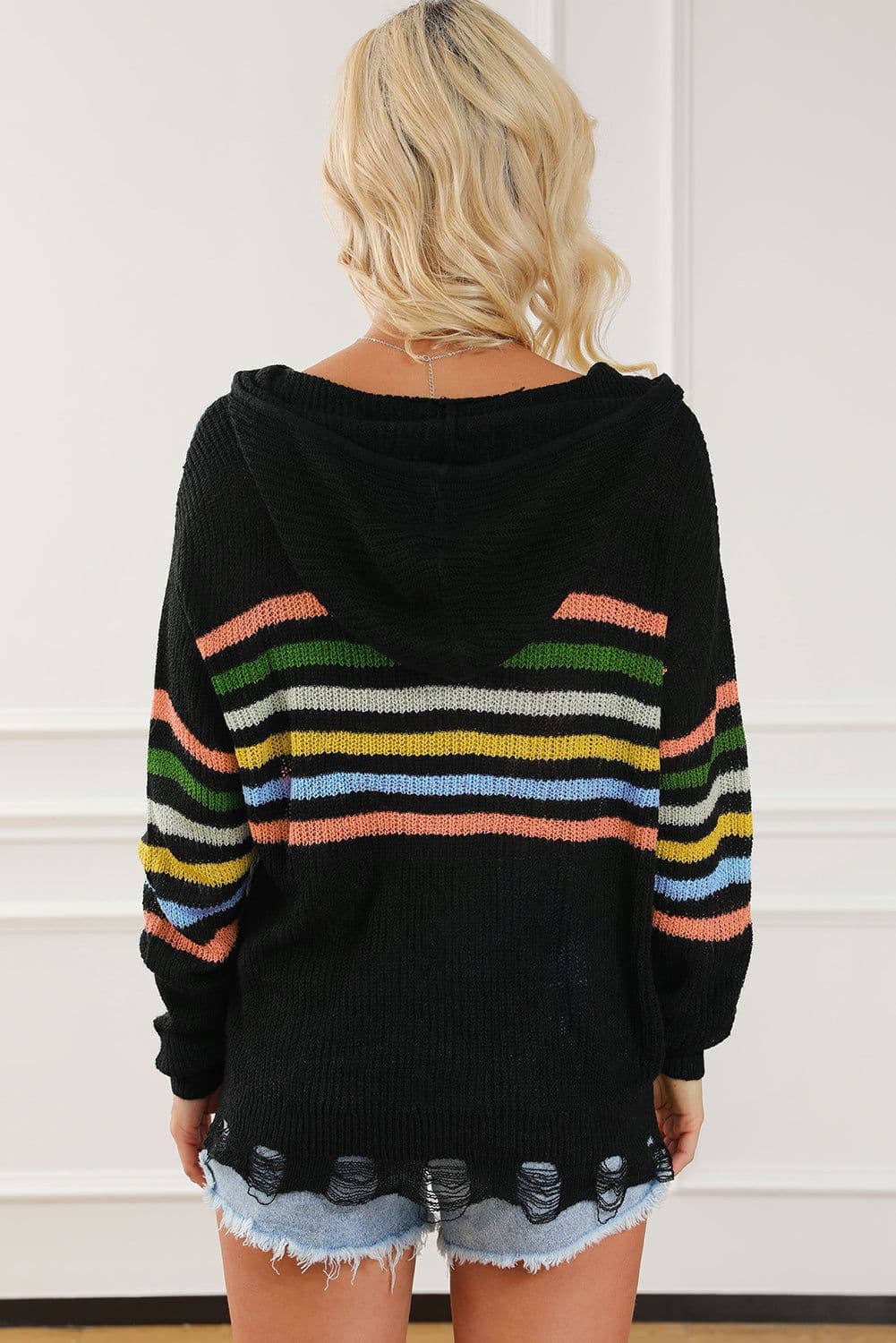 image-Black Striped Detail Zip Up Hooded Sweater Cardigan