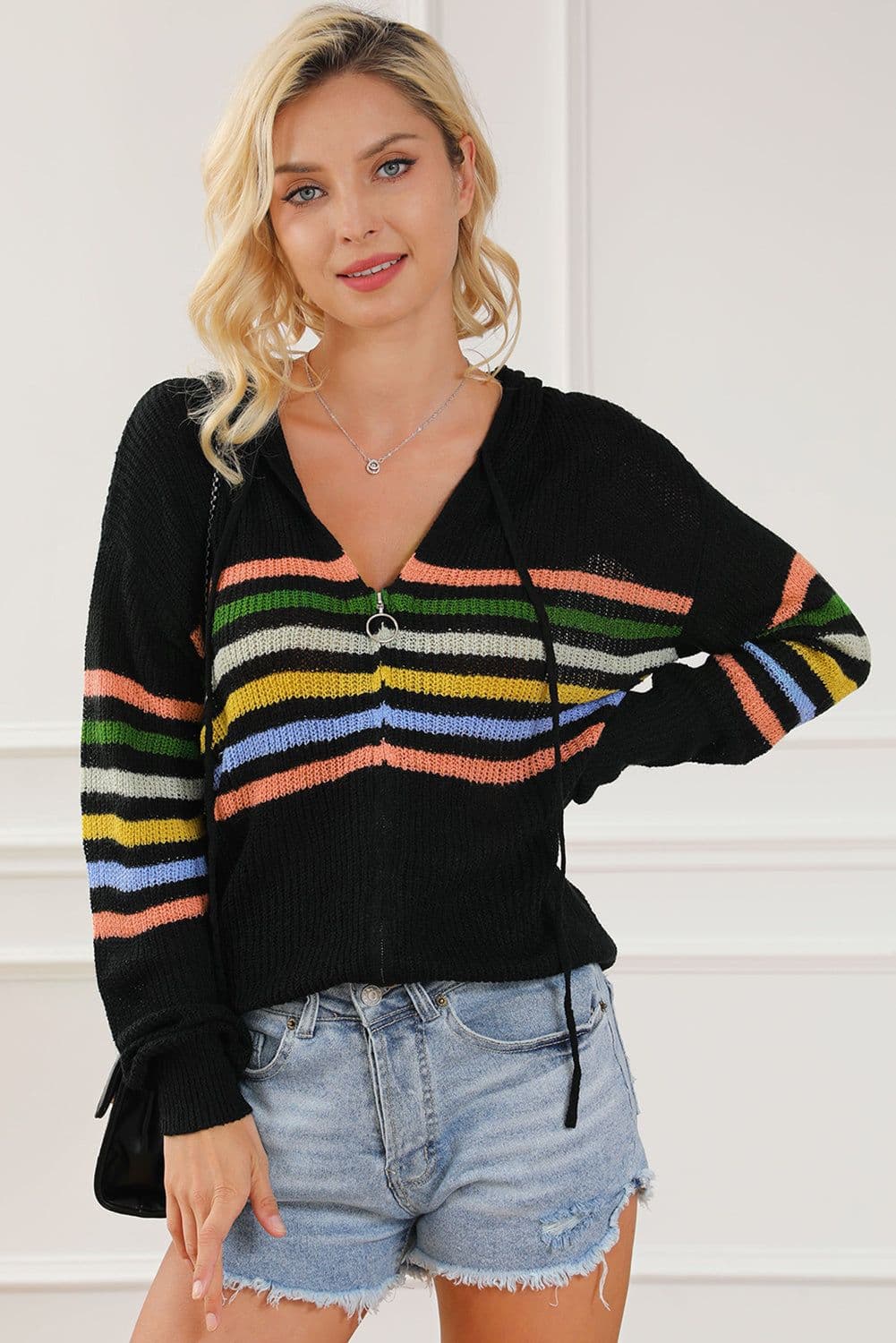 image-Black Striped Detail Zip Up Hooded Sweater Cardigan