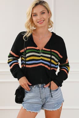 image-Black Striped Detail Zip Up Hooded Sweater Cardigan