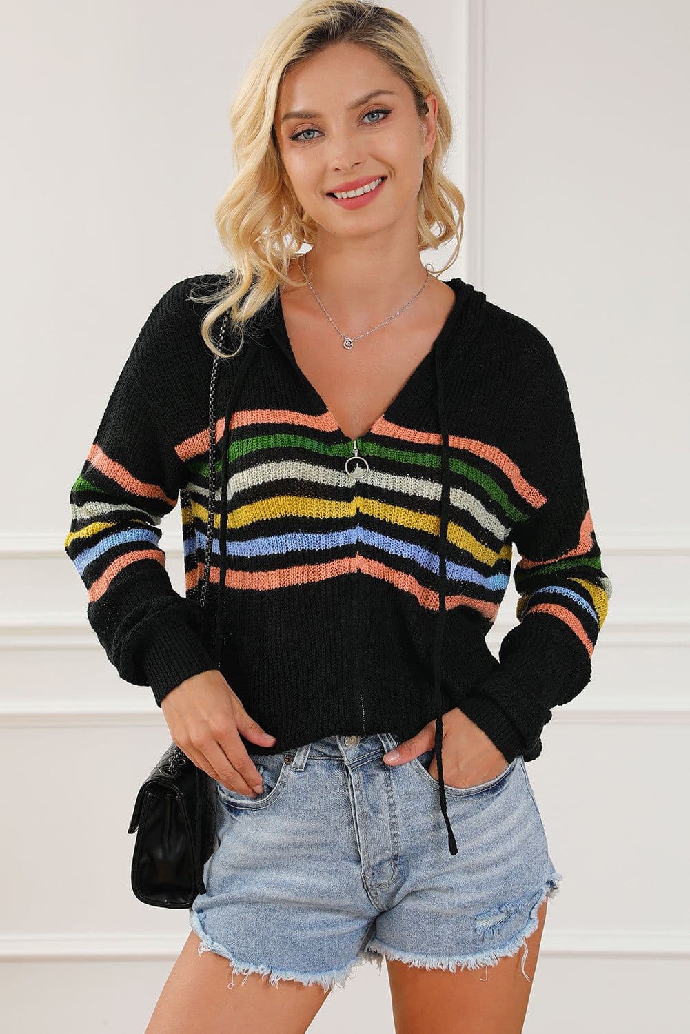 image-Black Striped Detail Zip Up Hooded Sweater Cardigan