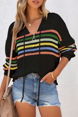 image-Black Striped Detail Zip Up Hooded Sweater Cardigan