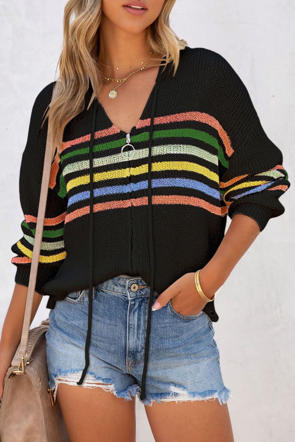 image-Black Striped Detail Zip Up Hooded Sweater Cardigan