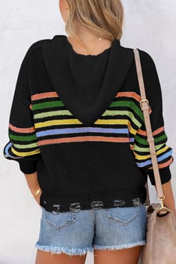 image-Black Striped Detail Zip Up Hooded Sweater Cardigan