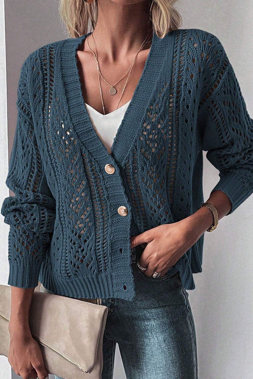 image-Dark Khaki Open Knit Drop Shoulder Sweater Cardigan