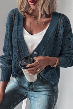 image-Dark Khaki Open Knit Drop Shoulder Sweater Cardigan