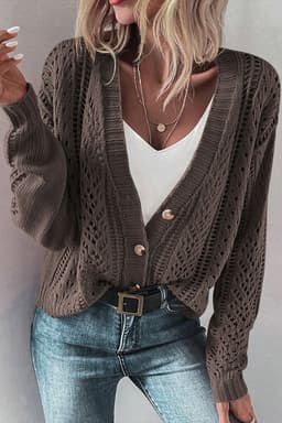 image-Dark Khaki Open Knit Drop Shoulder Sweater Cardigan