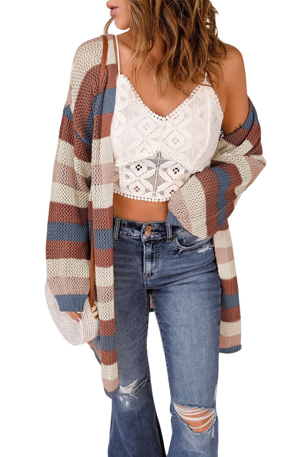 image-Multicolor Striped Color Block Hollowed Knit Cardigan