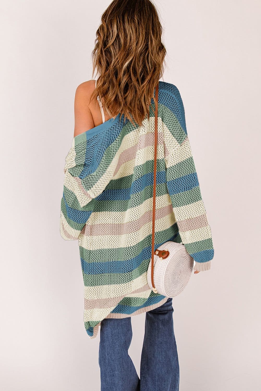 image-Multicolor Striped Color Block Hollowed Knit Cardigan