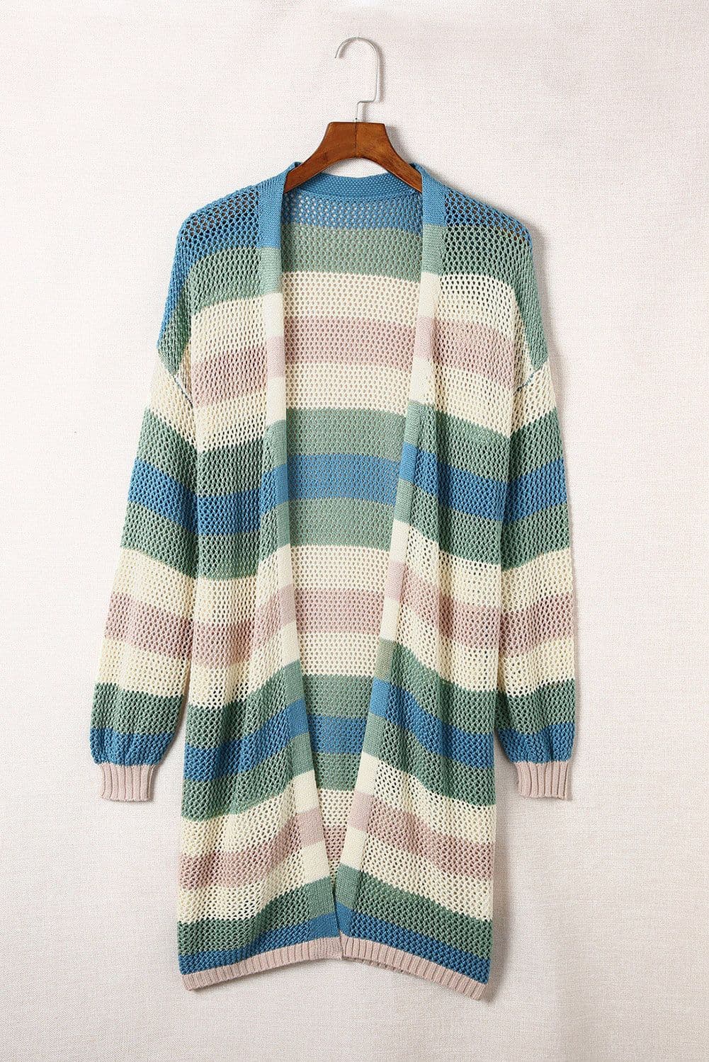 image-Multicolor Striped Color Block Hollowed Knit Cardigan