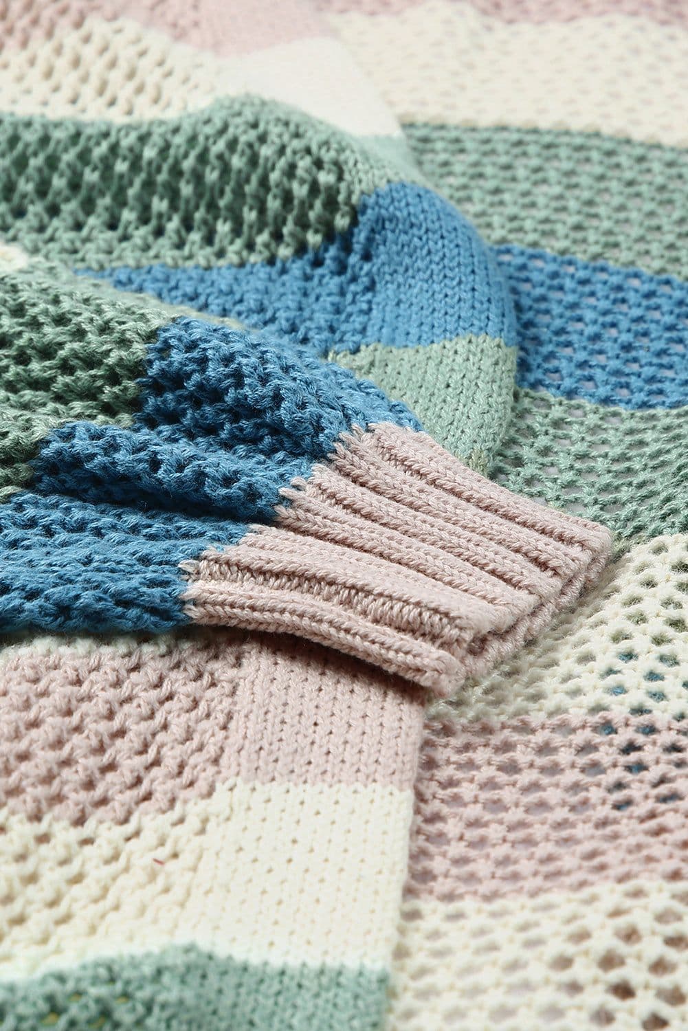 image-Multicolor Striped Color Block Hollowed Knit Cardigan