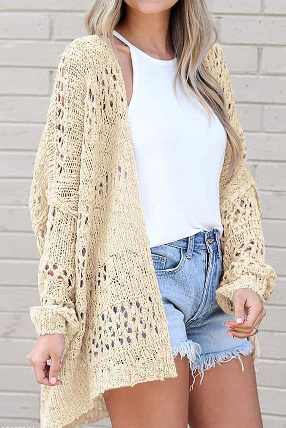 image-Apricot Casual Hollowed Knit Dolman Sleeve Cardigan