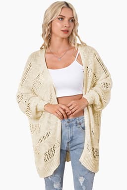 image-Apricot Casual Hollowed Knit Dolman Sleeve Cardigan