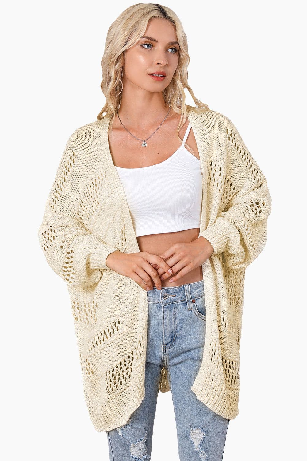 image-Apricot Casual Hollowed Knit Dolman Sleeve Cardigan