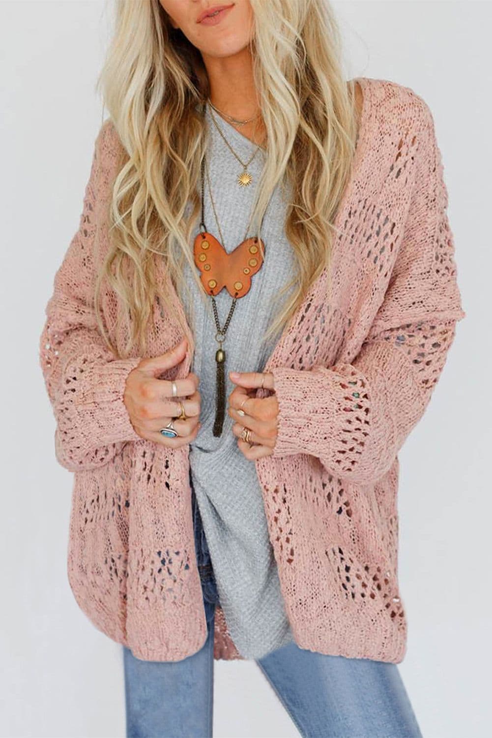 image-Apricot Casual Hollowed Knit Dolman Sleeve Cardigan