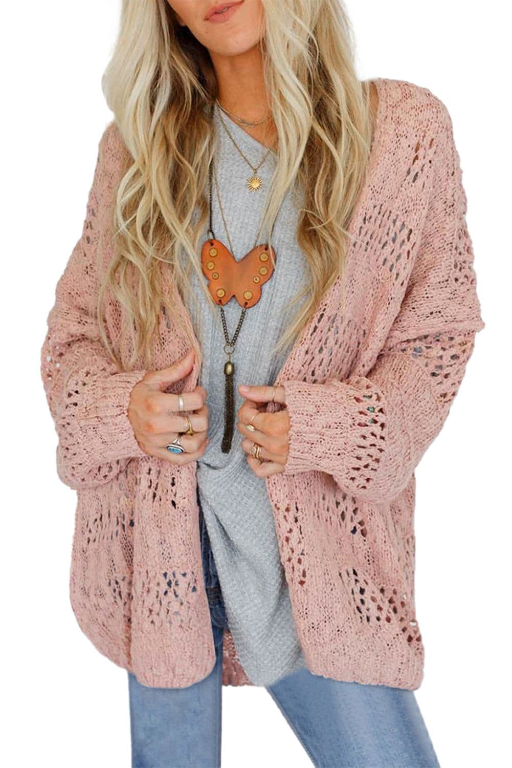 image-Apricot Casual Hollowed Knit Dolman Sleeve Cardigan