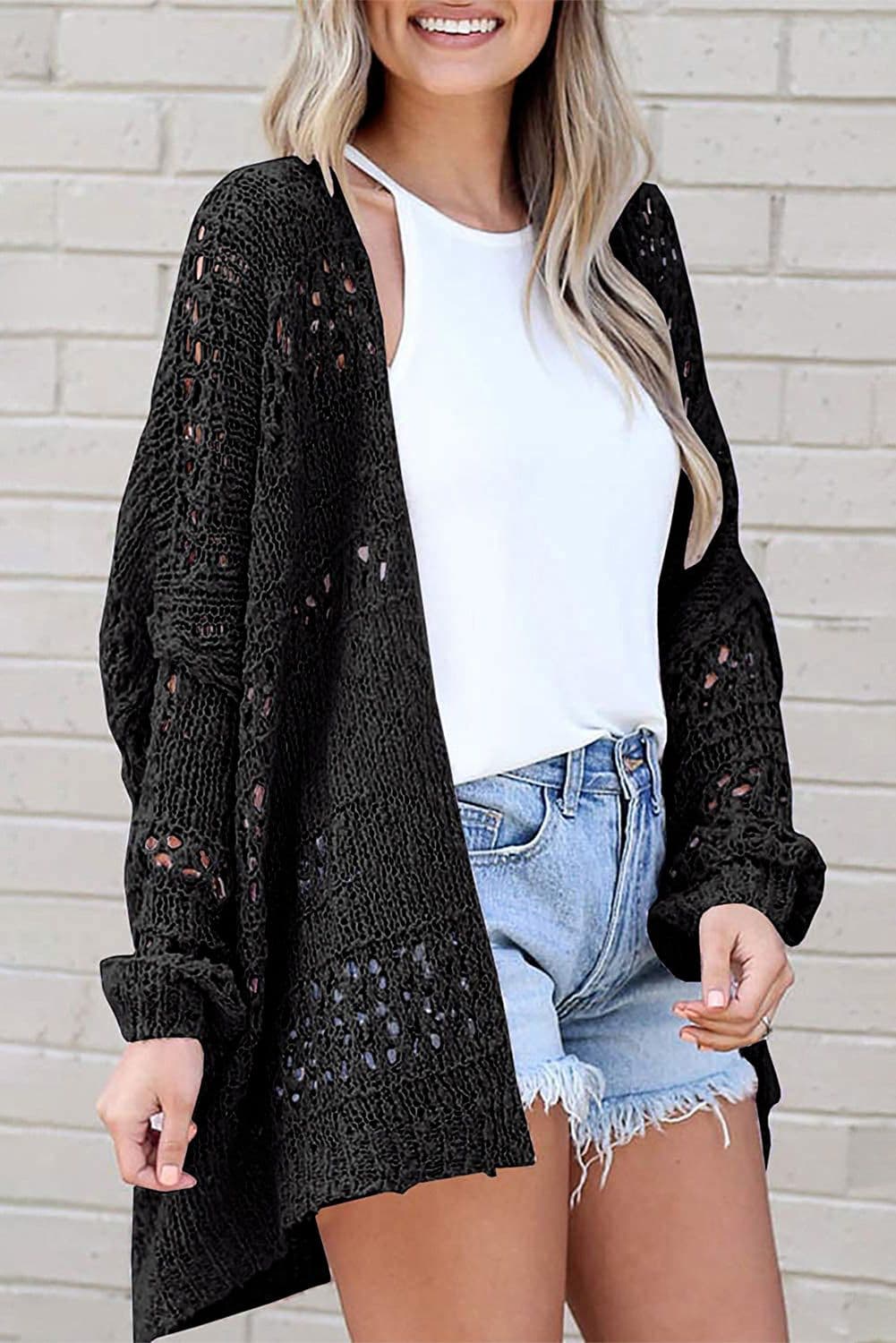 image-Apricot Casual Hollowed Knit Dolman Sleeve Cardigan