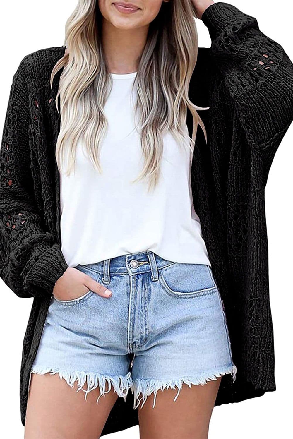 image-Apricot Casual Hollowed Knit Dolman Sleeve Cardigan