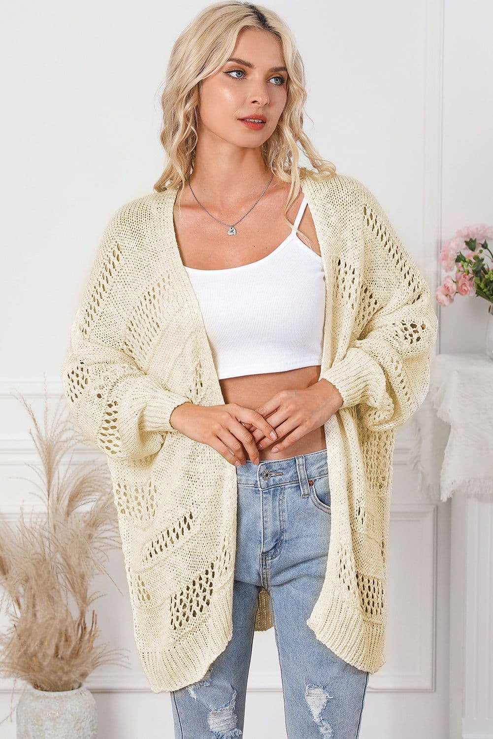image-Apricot Casual Hollowed Knit Dolman Sleeve Cardigan