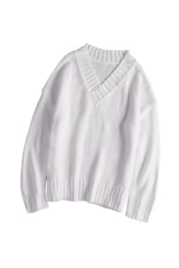 image-White V neck Drop Shoulder Knitted Sweater