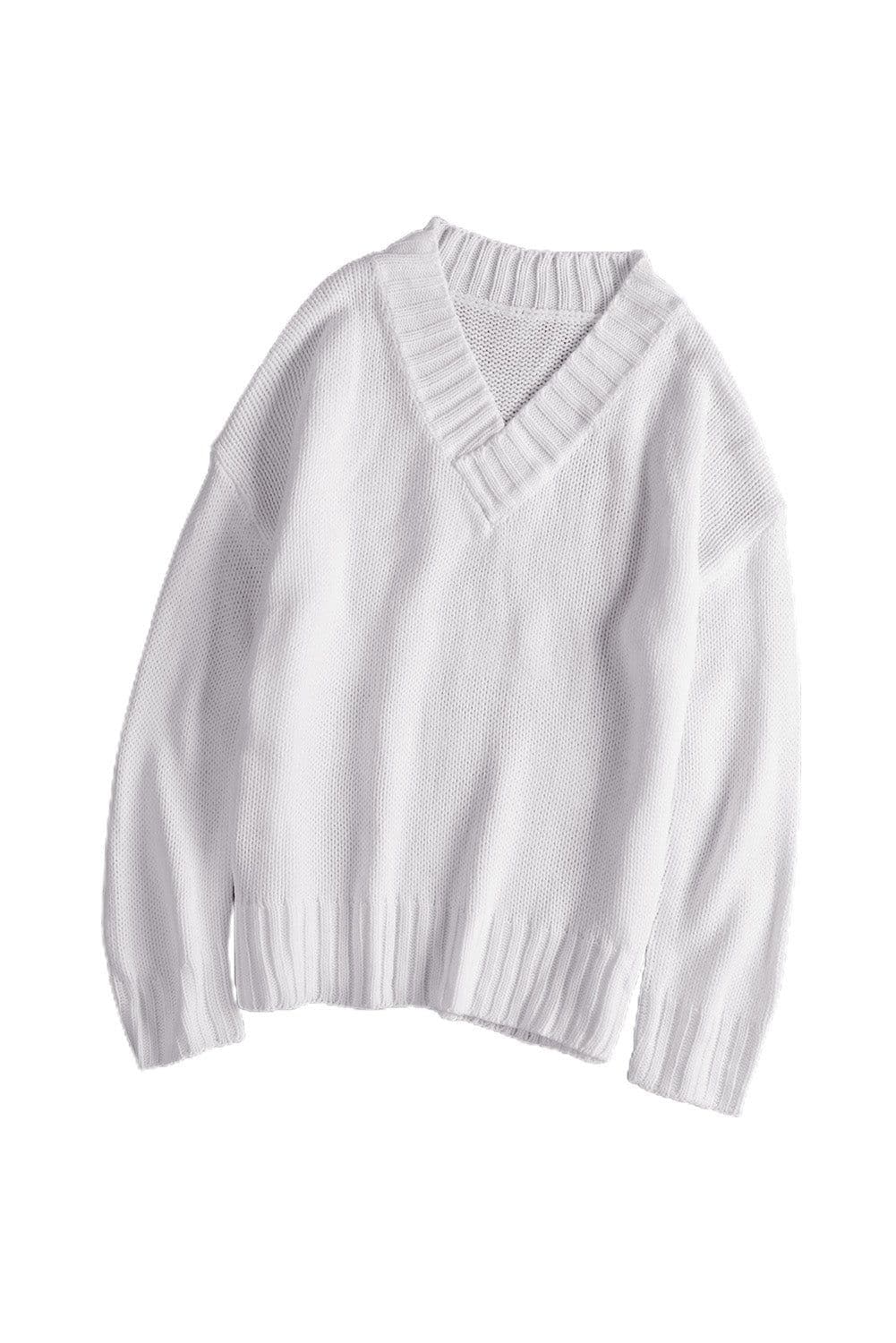image-White V neck Drop Shoulder Knitted Sweater