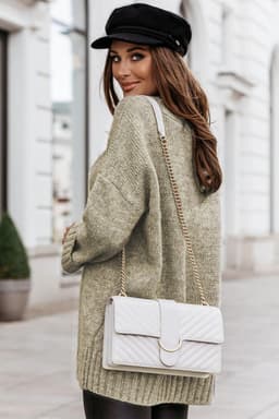 image-White V neck Drop Shoulder Knitted Sweater
