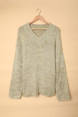 image-White V neck Drop Shoulder Knitted Sweater