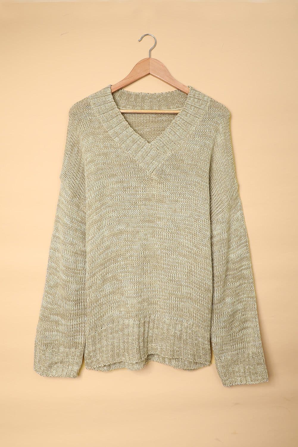image-White V neck Drop Shoulder Knitted Sweater