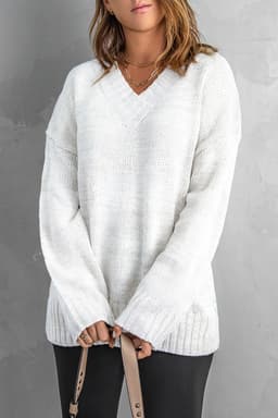image-White V neck Drop Shoulder Knitted Sweater