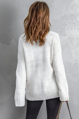 image-White V neck Drop Shoulder Knitted Sweater