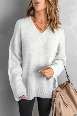 image-White V neck Drop Shoulder Knitted Sweater