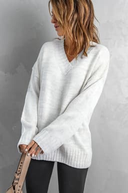 image-White V neck Drop Shoulder Knitted Sweater