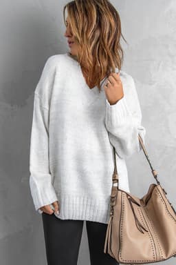 image-White V neck Drop Shoulder Knitted Sweater