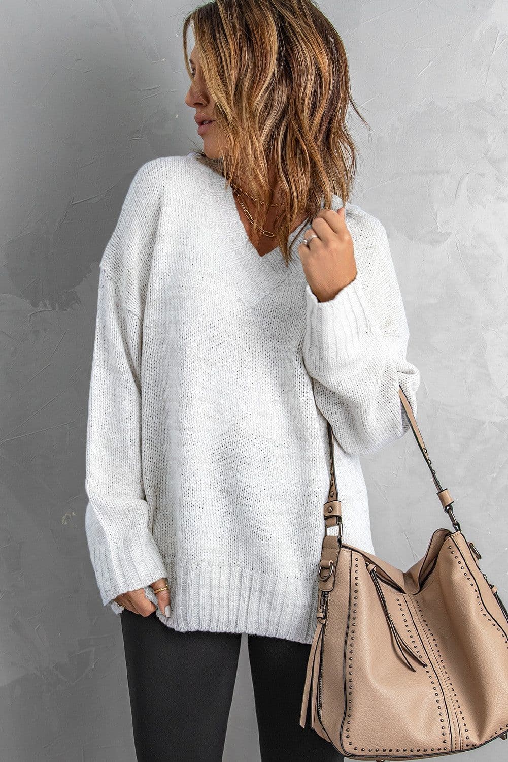 image-White V neck Drop Shoulder Knitted Sweater