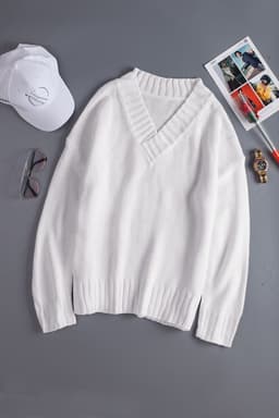 image-White V neck Drop Shoulder Knitted Sweater