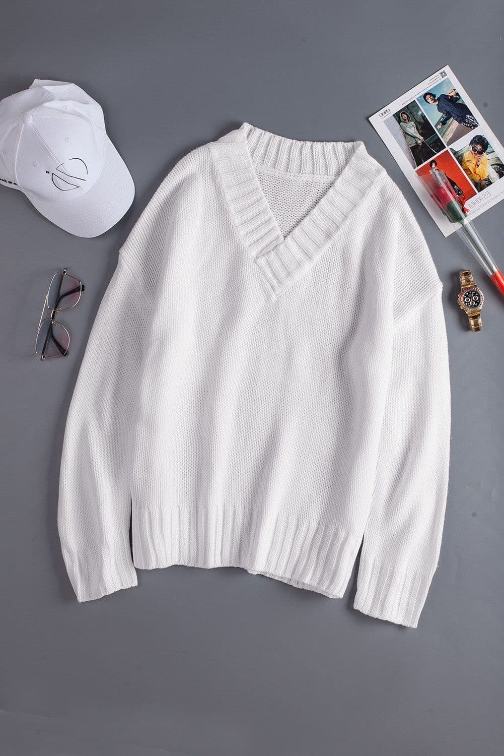 image-White V neck Drop Shoulder Knitted Sweater