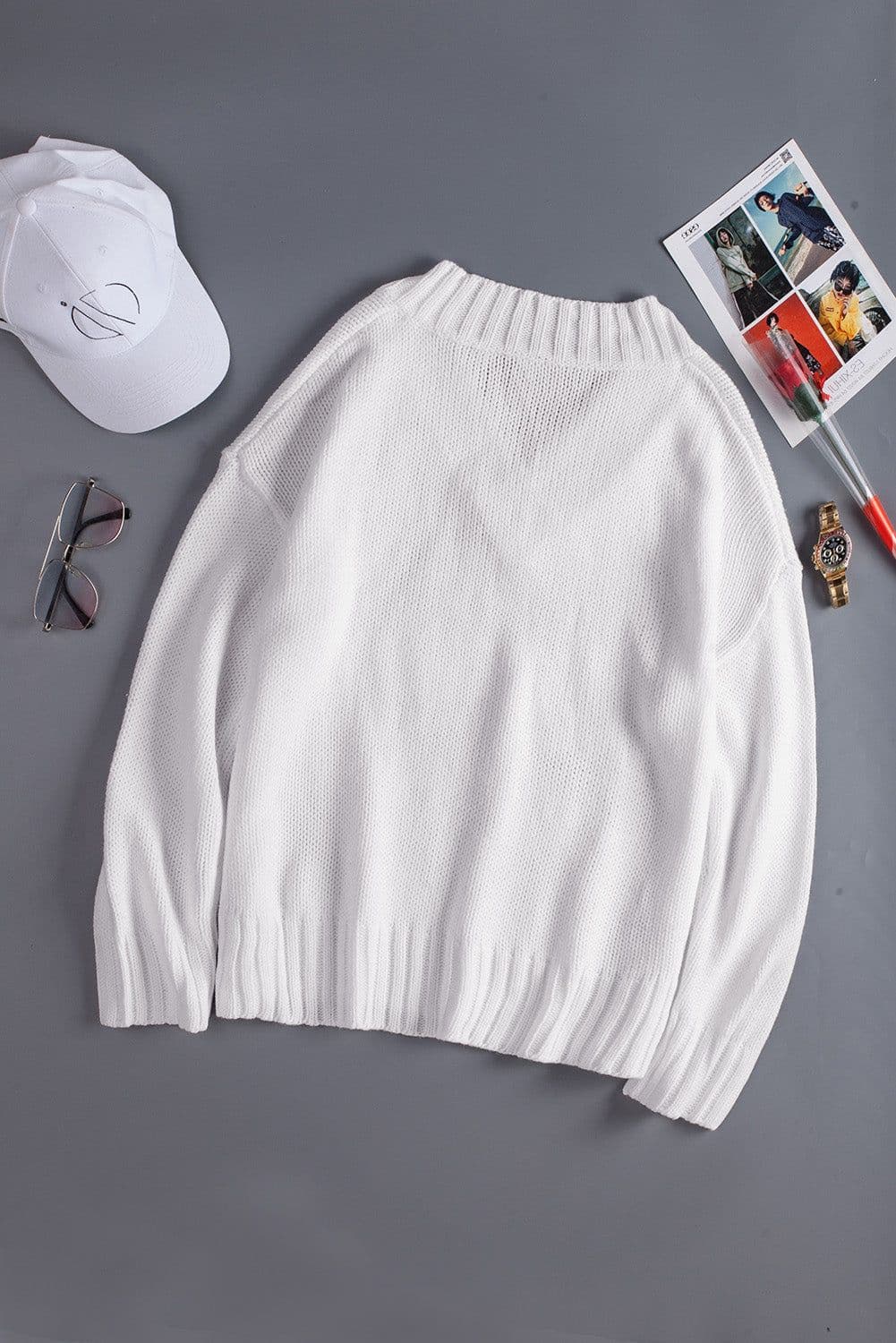 image-White V neck Drop Shoulder Knitted Sweater