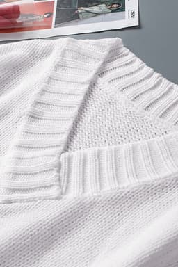image-White V neck Drop Shoulder Knitted Sweater
