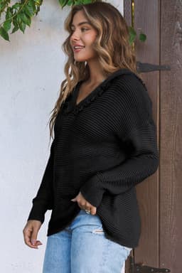 image-Khaki V Neck Ribbed Drop Shoulder Hooded Sweater