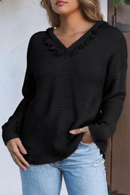 image-Khaki V Neck Ribbed Drop Shoulder Hooded Sweater