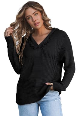 image-Khaki V Neck Ribbed Drop Shoulder Hooded Sweater