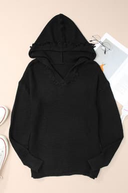 image-Khaki V Neck Ribbed Drop Shoulder Hooded Sweater