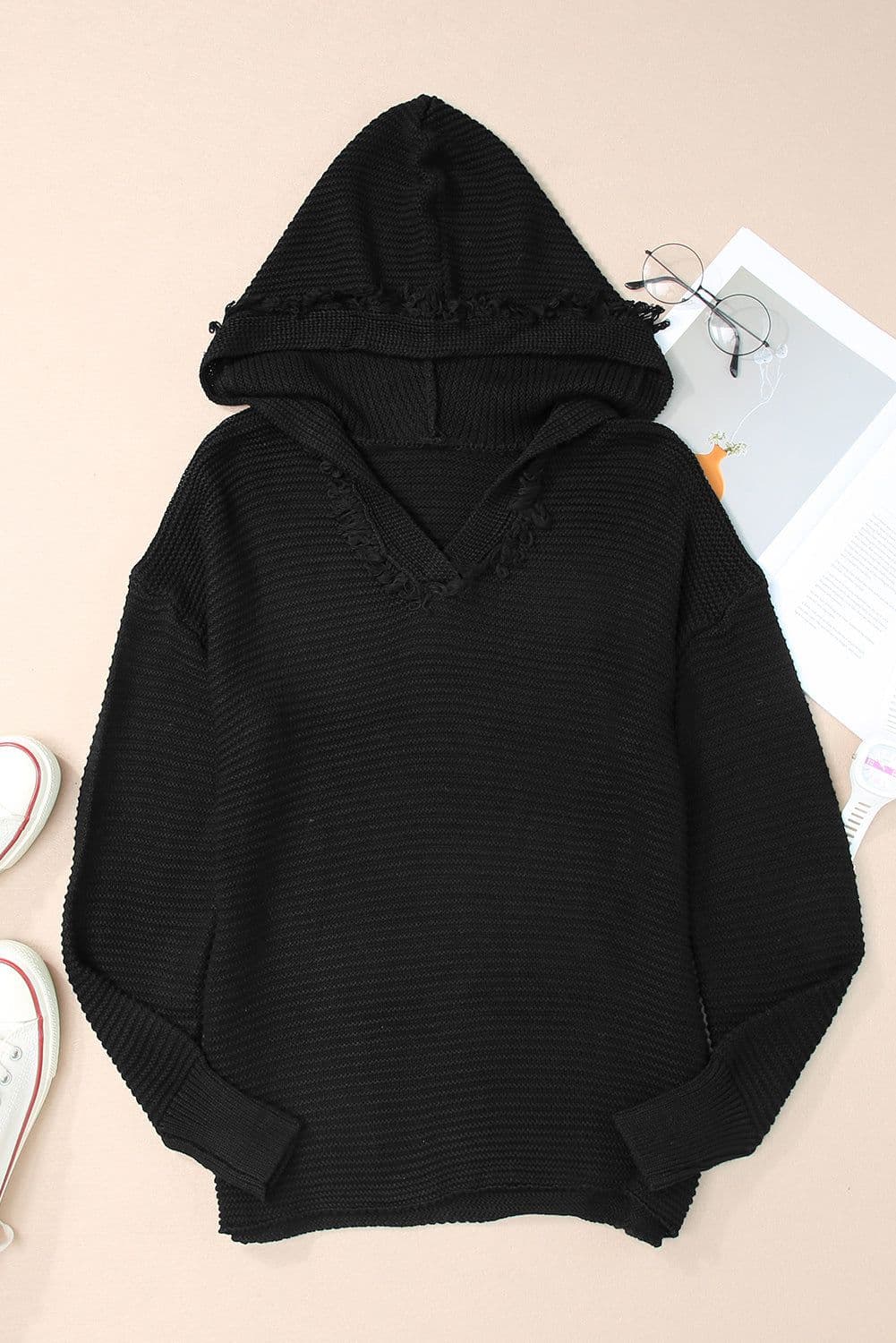image-Khaki V Neck Ribbed Drop Shoulder Hooded Sweater