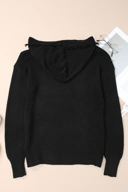 image-Khaki V Neck Ribbed Drop Shoulder Hooded Sweater