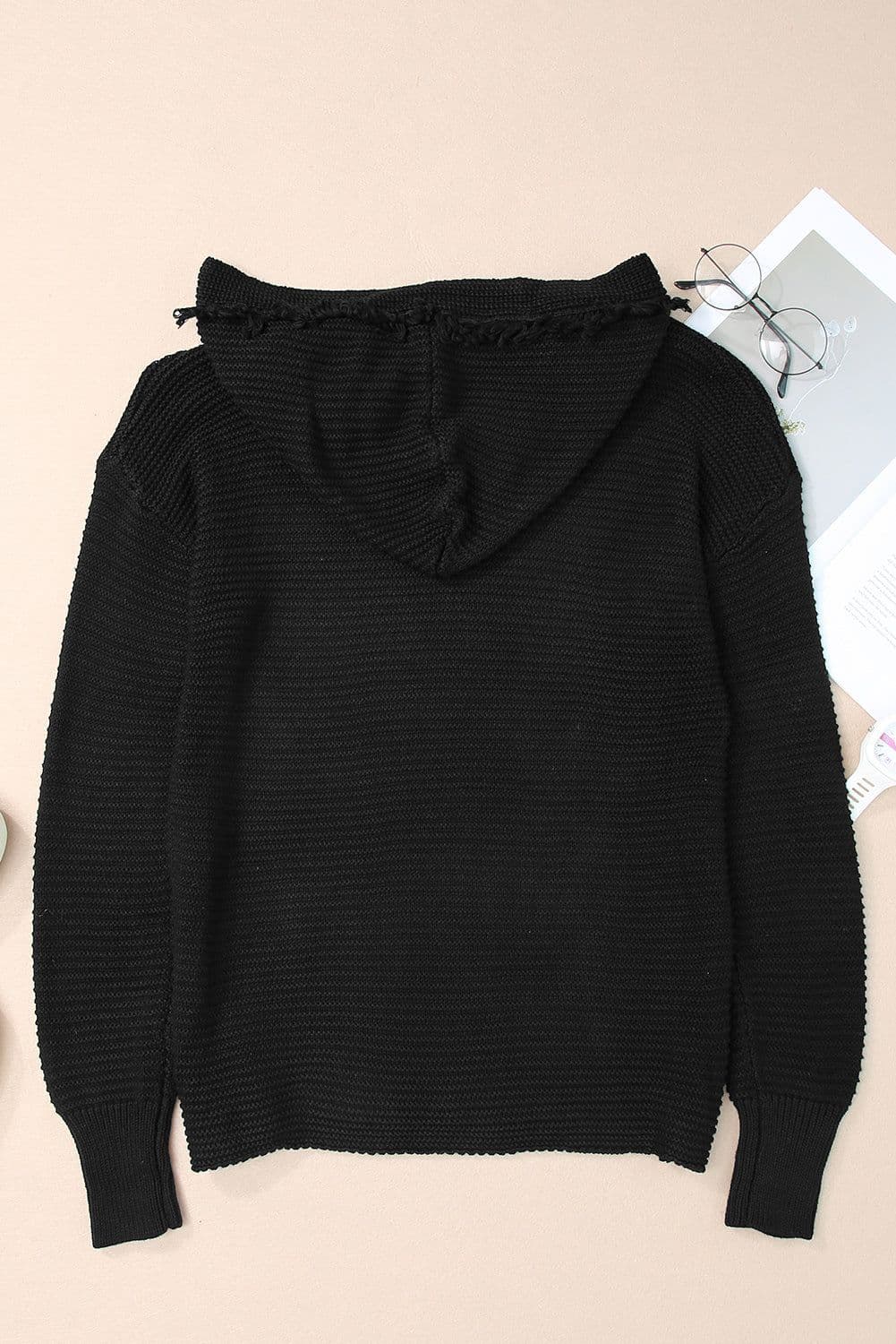 image-Khaki V Neck Ribbed Drop Shoulder Hooded Sweater