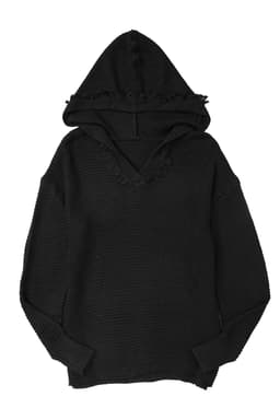 image-Khaki V Neck Ribbed Drop Shoulder Hooded Sweater