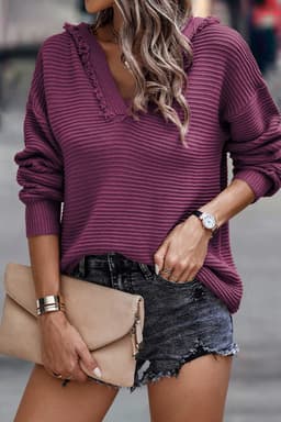 image-Khaki V Neck Ribbed Drop Shoulder Hooded Sweater