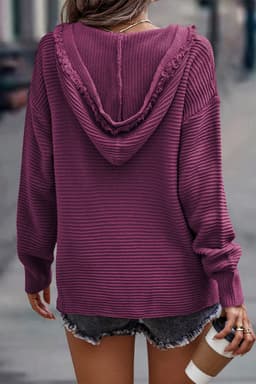 image-Khaki V Neck Ribbed Drop Shoulder Hooded Sweater