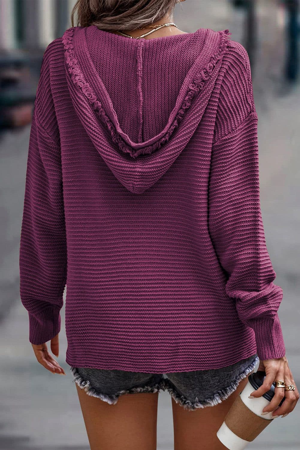 image-Khaki V Neck Ribbed Drop Shoulder Hooded Sweater