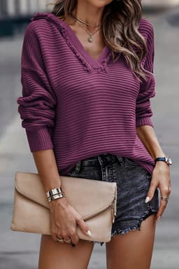 image-Khaki V Neck Ribbed Drop Shoulder Hooded Sweater