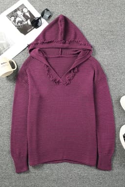 image-Khaki V Neck Ribbed Drop Shoulder Hooded Sweater